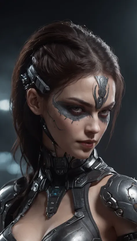 beautiful cyborg warrior woman in RustMagic Style, Cyberpunk Increase, Cyber software, Cyborg, carbon fiber, chrome, Implants, Metal skull, cyber plate armor, (Dark atmosphere:1.2), (mist & Smoke), (Its dark night:1.3), Scars, (dark medium length dishevele...