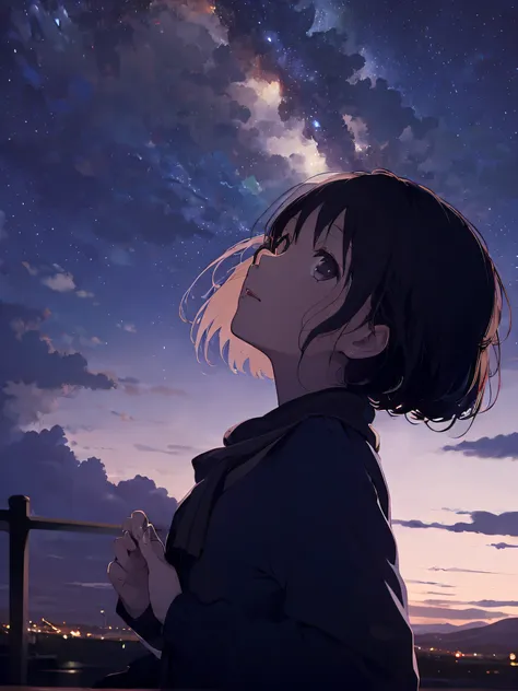 1 girl, reaching out her hands, sky, night, looking up, staring at the audience,