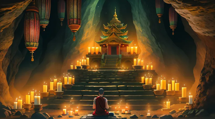 a person sitting in a cave with candles lit up, hindu stages of meditation, monk meditate, meditating, a mystical temple, praying meditating, buddhist monk meditating, glowing temple in the distance, floating in a powerful zen state, buddhism, meditation, ...