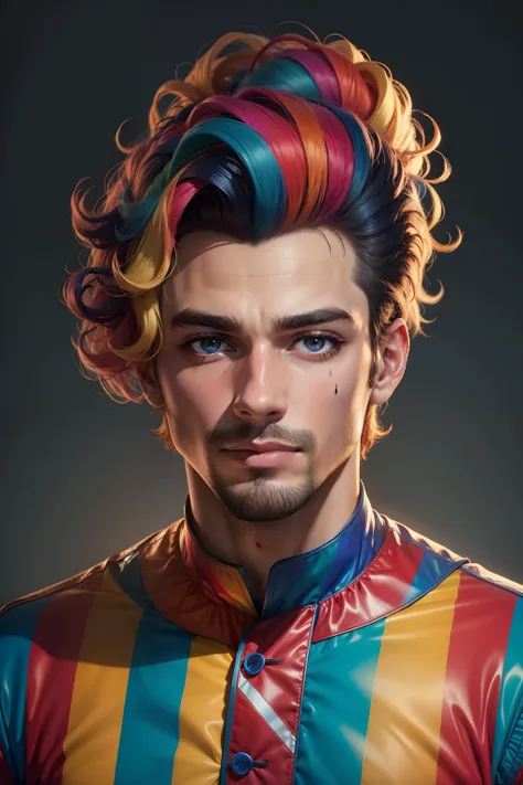 retrato de um homen com roupa colorida que trabalha no circo, cabelo castanho, realista, 8k, fundo de circo, ultra detalhado