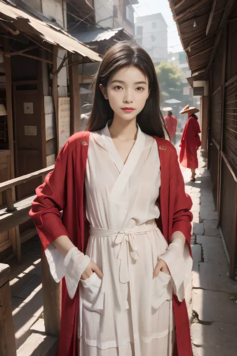 （Masterpiece），Hangzhou，Cool temperament，Cold and glamorous，long whitr hair，arch bridges，A girl in a red cotton and linen robe in the ancient town，baggy，Taoist robes，Lazy，Simple and elegant，（Fabric texture），Mori Department，flax，