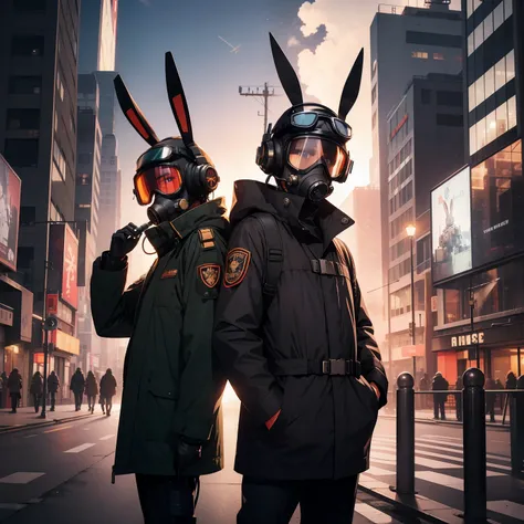 masutepiece, Best Quality, Military coat, City at night background, a gas mask, Robot goggles, headphones, Bunny has, Cross-processing effect