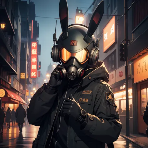 masutepiece, Best Quality, Military coat, City at night background, a gas mask, Robot goggles, headphones, Bunny has, Cross-processing effect