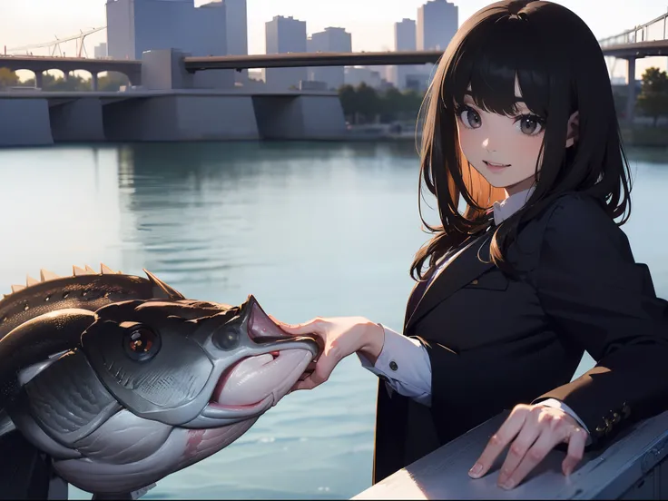 ((((Catch a big black bass by the lake:1.5)))),((1 female 22 years old))((Best Quality, masutepiece :1.5)),(((Hands with the correct number and structure of fingers:1.5))),hight resolution,ultra-detailliert,​masterpiece,best qualtiy,,Black hair, long eyesl...