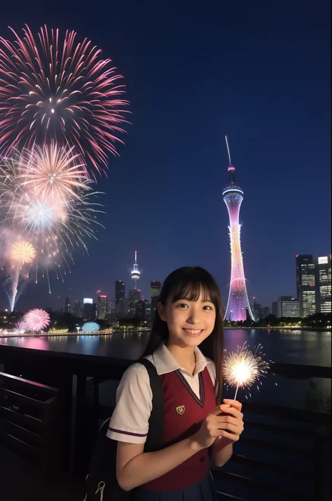 A smile、hi-school girl、校服、While doing fireworks、mare、Tokyo Skytree