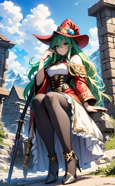 best qualityer，tmasterpiece，Ultimate resolution，downy，Extremely colorful，Colorful，Alpine background，Sky flight，Long flowing green hair，The Witch，a matural female，Red magic robe long dress，red high heel pumps，Sit on a magical broom，flight，Normal posture