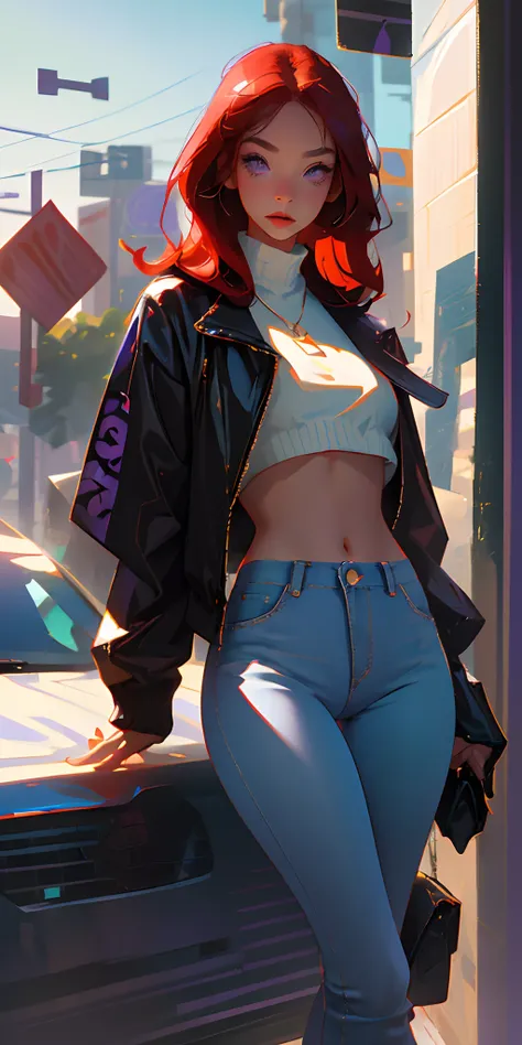 1girl, long red hair, black eyes, white crop top, purple jacket, jeans with flower design, city. absurd, high res, ultrasharp, BK, masterpiece, looking to the viewer