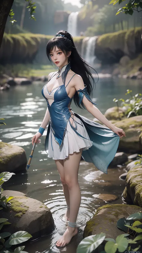 Arapei in a dress stands in the water, Anime girl walking on water, closeup fantasy with water magic, azur lane style, trending on cgstation, Anime girl cosplay, seraphine ahri kda, Splash art anime Loli, trending at cgstation, realistic water, water fairy...