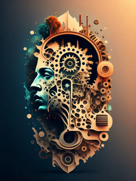 a stylized image of a person's head with many gears in it