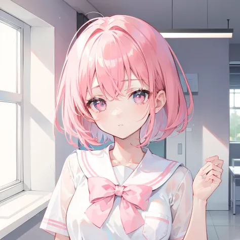 Short pink hair with a sense of transparency，Wearing a milky white ultra-light pink school uniform，Light pink pupils，Super cute sweet girl