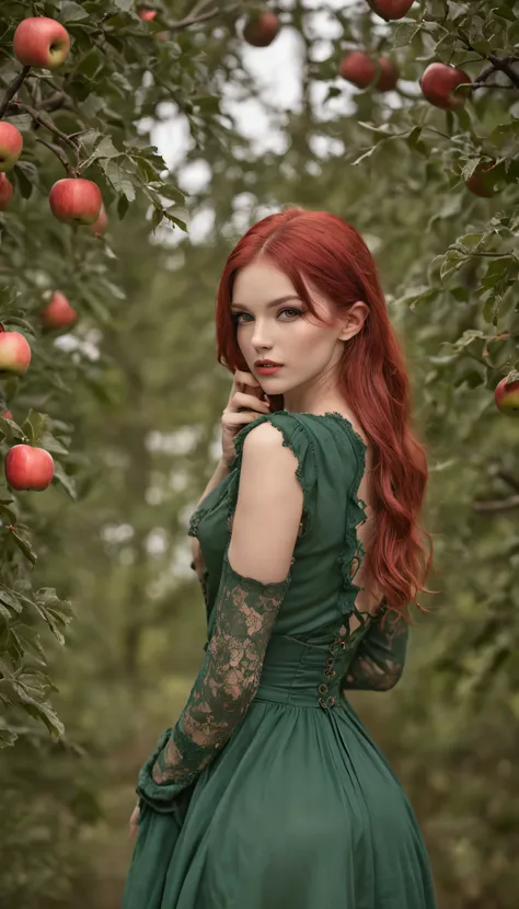 (steampunk art), Apple orchard, A large red apple in a coniferous forest, bokeh, glare, radiance, Fantasy, fairycore, High Resolution, image, Sexy girl with green eyes and red hair, bar, (sexypose), (wet clothing)