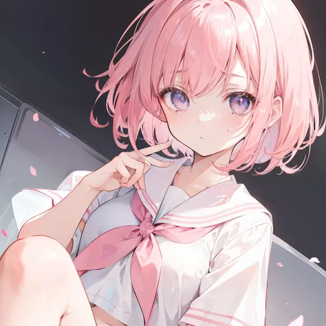 Short pink hair with a sense of transparency，Wearing a milky white ultra-light pink school uniform，Light pink pupils，Super cute sweet girl