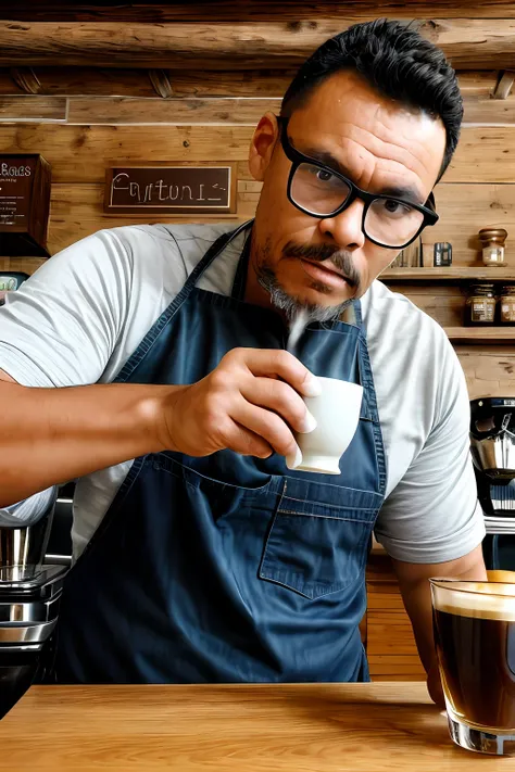 guttonerdvision10, A raw photograph with a bespectacled man with a hyper-detailed face, capturing intricate facial features with a scale factor of 1.3. Ele encarna o papel de um barista dedicado, your face reflecting a mix of concentration and experience. ...