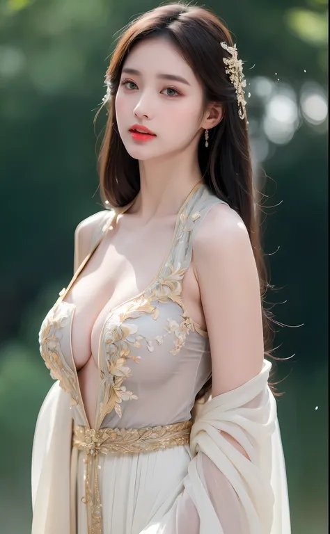 ((Best Quality, 8k, Masterpiece: 1.3)), Focus: 1.2, Perfect Body Beauty: 1.4, Buttocks: 1.2, ((Layered Haircut)), (Wet Clothes: 1.1), (Rain, Street:1.3), (Breasts: 1.2), (Hanfu: 1.2), Bare Shoulders, Bare Legs, Highly Detailed Face and Skin Texture, Fine E...