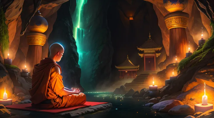 a person sitting in a cave with candles lit up, hindu stages of meditation, monk meditate, meditating, a mystical temple, praying meditating, buddhist monk meditating, glowing temple in the distance, floating in a powerful zen state, buddhism, meditation, ...