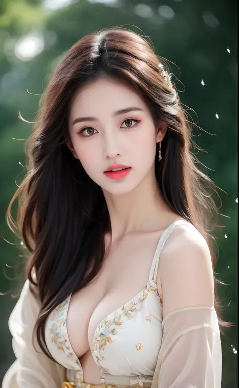 ((Best Quality, 8k, Masterpiece: 1.3)), Focus: 1.2, Perfect Body Beauty: 1.4, Buttocks: 1.2, ((Layered Haircut)), (Wet Clothes: 1.1), (Rain, Street:1.3), (Breasts: 1.2), (Hanfu: 1.2), Bare Shoulders, Bare Legs, Highly Detailed Face and Skin Texture, Fine E...