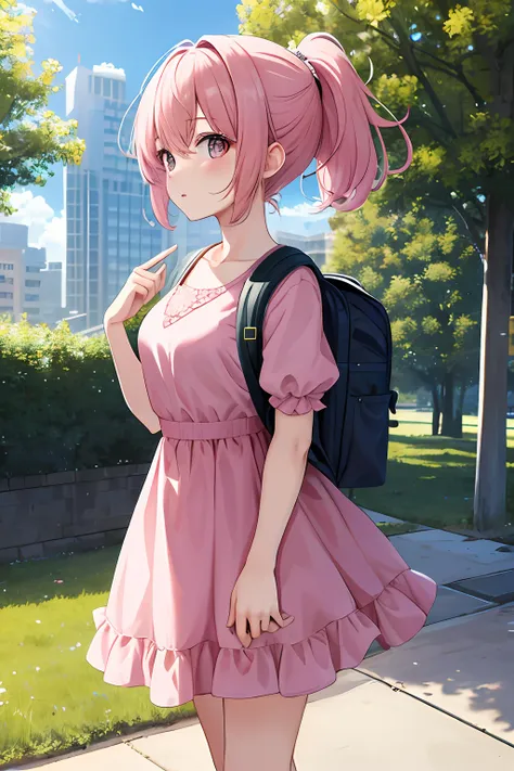 Masterpiece, Best Quality, Hi-Res, 1 Girl, Solo, ssmall Breasts, Short Hair, ponytail, Hair Between Eyes, Floating Hair, wear pink dress, puffy sleeve, cute dress, standing, wear high heel, backpack, wear backpack, fullbody,  daytime, park