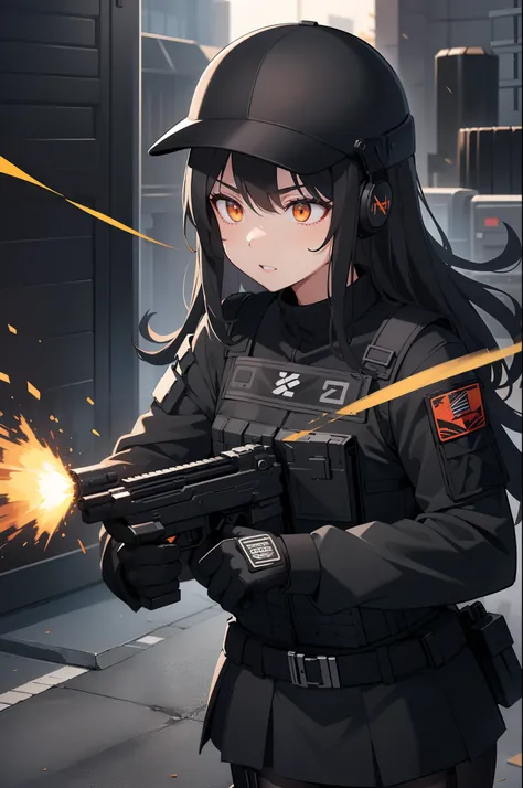 1girl, 2clones, black tactical cap, cap, tactical black railed headset, black long messy hair, black plain tshirt, armored, black shoulder pads, black tactical vest, black armor pads, black handgun holster, black tactical socks, tactical skirt, focused, or...