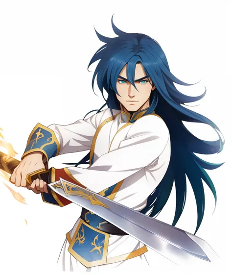 Man with blue long hair and green eyes、Holding a sword in the image of fire、Wearing a white long-sleeved dress、forceful