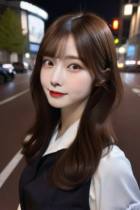 (Best quality, High resolution, Masterpiece :1.3), A pretty woman, Slender figure, Dark brown hair, nurse clothes, (Street in city at night), Highly detailed face and skin texture, Detailed eyes, Double eyelid