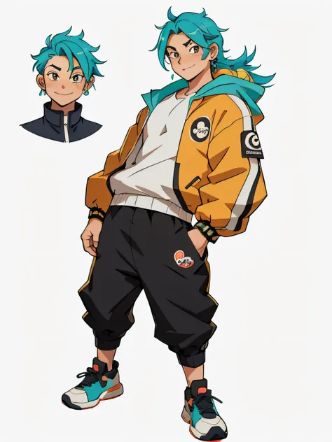 1man with turquoise hair, medium length hair with locks, eyes orange, friendly face, clear face, happy face expression, playful and energetic pose, elegant and comfortable clothes, open panda-look hooded jacket with blouse underneath, streetwear clothes, a...