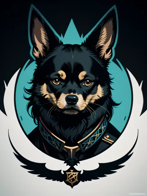 [chihuahua] Heraldic silhouette, logo masking style illustration, by dan mumford, by greg rutkowski, by james jean, black background, fantasy art, mysterious, realistic, majestic, rich vibrant colors, high contrast, seamless water brand, artstation, devian...