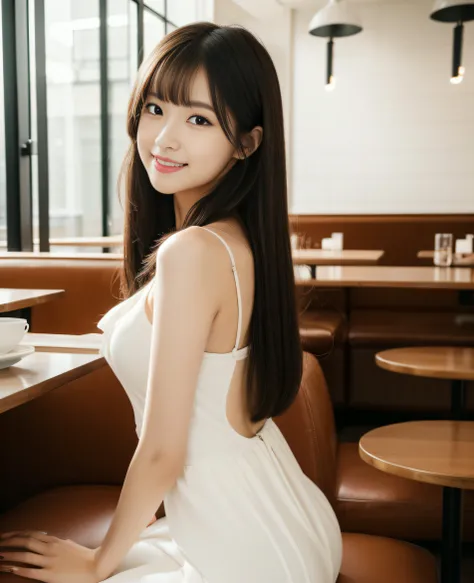 ((best quality, 8K, masterpiece: 1.3)), beautiful girl, pure, melon face, kind and cute, sweet smile, pure desire, slender body, (front), (tilted head), back view, white dress , long black silky straight hair, long flowing shoulders, round black big eyes, ...