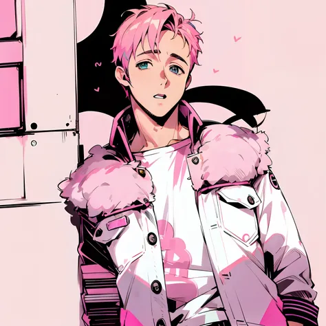 anime style, ryan gosling, pink colores background