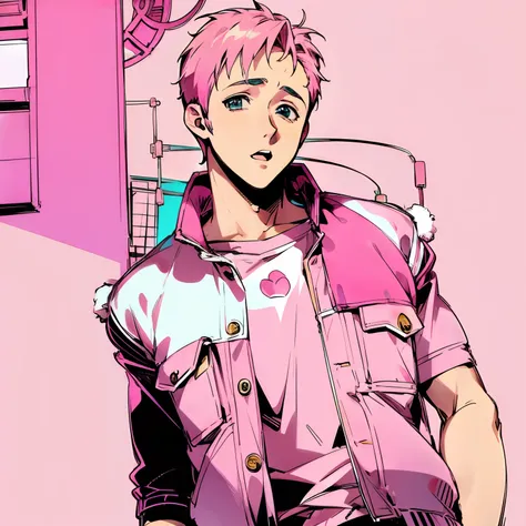 anime style, ryan gosling, pink colores background