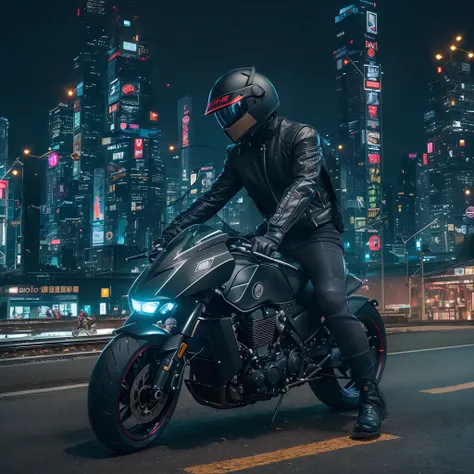 top-quality、超高分辨率、cyber punk perssonage，1 Men、sci-fy、Black motorcycle suit、(Locomotive helmet:1.2)、mitts, riding a futuristic motorcycle, Photo, The background is the city in the evening,Live action,jpn,独奏,Tall structures