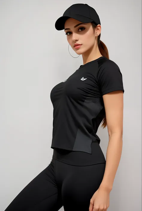 A beautiful woman wearing a black cap and black leggings, camisa apertada, camisa de malha, vestindo camisa apertada, tampo preto, roupas pretas estanques, camisa preta, camiseta preta, usando roupas simples e apertadas, usando roupas pretas apertadas, rou...