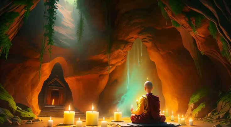 a person sitting in a cave with candles lit up, hindu stages of meditation, monk meditate, meditating, a mystical temple, praying meditating, buddhist monk meditating, glowing temple in the distance, floating in a powerful zen state, buddhism, meditation, ...