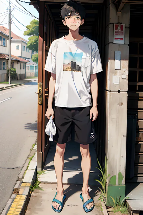 1 boy，Wear slippers，Shorts and regular T-shirts，Stand at the school gate，hair messy，Tear stains on the face，Exudes deep sadness and loss