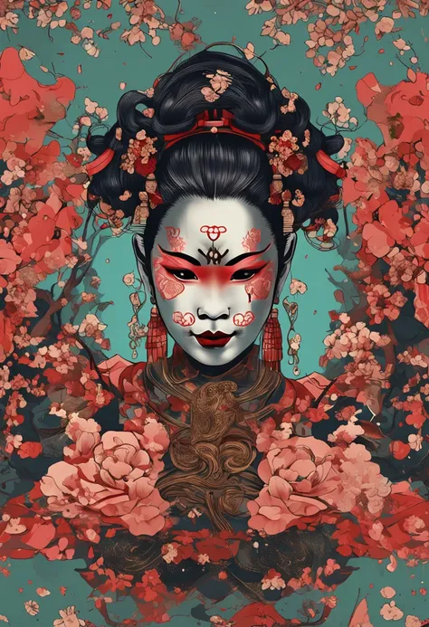 Uma mulher com uma mascara hannya no rosto, it is centered in the middle of the image, some Japanese effects and embellishments scattered throughout the photo, ultra relista, 16k, reaal, nitido