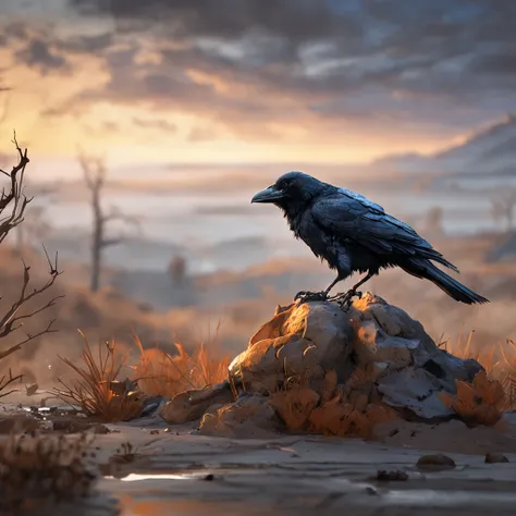 Two crows on a dead tree, A shadow shaped like a walker, Starry night, Thick fog on the ground, Blue light on the horizon, Unreal Engine 5, Cinematic, low angle photography, Motion blur, Depth of field, Dust, Cobblestones and dirt. Splash Art, dripping pai...