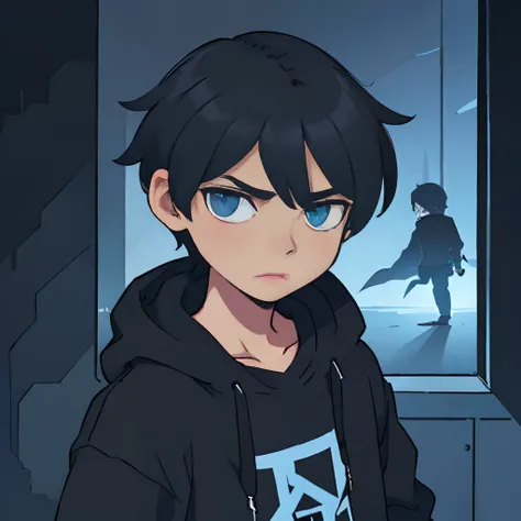 One was wearing a black sweatshirt，Boy with short black hair，Put your hands in your pockets，The expression is grim，blue color eyes，Determined gaze，Look ahead，Upper body display，The character is centered，Frontal display