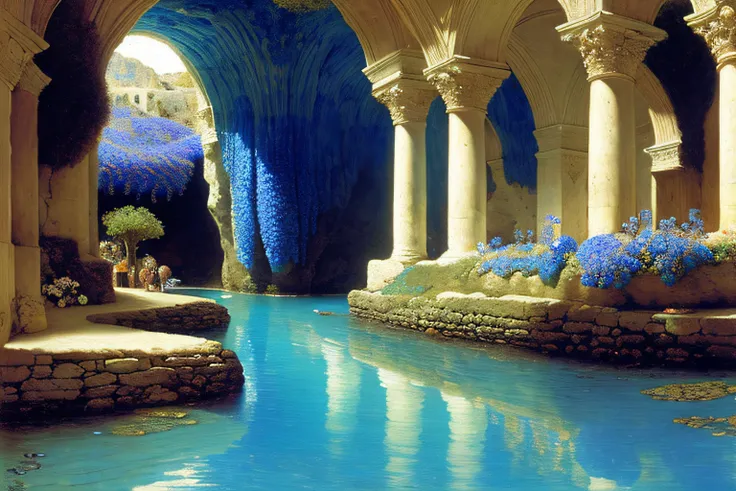 Inner cave, Cobalt Blue Ocean, fleurs, Village Alma Tadema