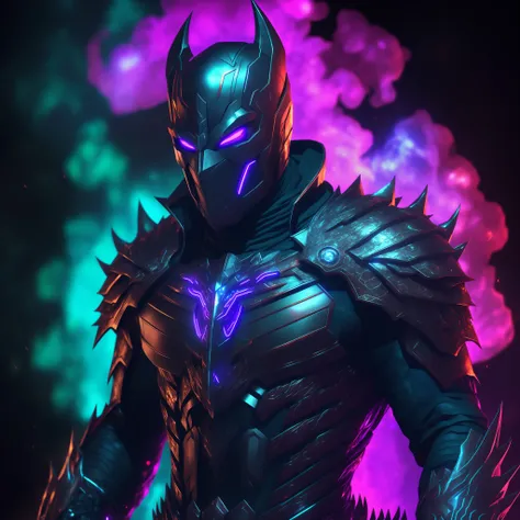 a close up of a person in a costume with a glowing mask, dark supervillain, dark armor, 8k high quality detailed art, badass anime 8 k, demon armor, neon armor, cyberpunk batman, hero pose colorful city lighting, guyver dark hero, black fire color reflecte...