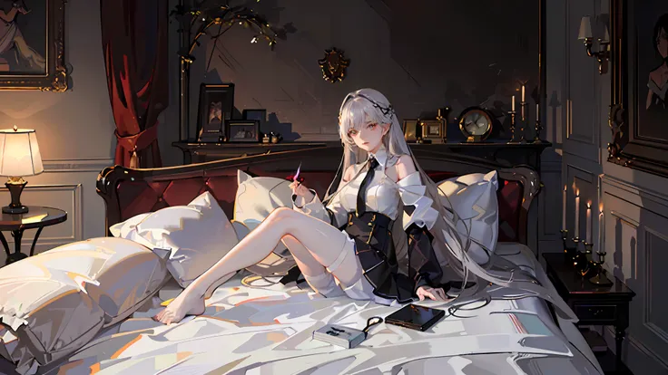 Classical style red wall，Correct limbs，Short shoulder-length white hair，waxy candles，Red bedroom，Black bed，Natural light，窗帘，Ambient(((Half naked anime girl lying on sofa undressing with her hands，，Hands on the upper and lower legs of the naked body，black u...