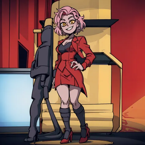 Best quality, highest resolution, whole picture, 1 girl, solo, short pink hair, office red dress, yellow eyes, jagged teeth, hands on own hips, red high-heels, smiling