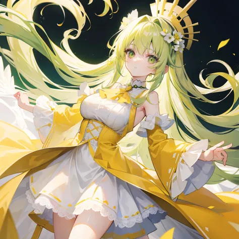 Long cream green hair，Wearing a yellow and white cheese suit，A graceful and dignified girl