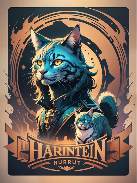 [cat] Heraldic silhouette, logo masking style illustration, by dan mumford, by greg rutkowski, by james jean, black background, fantasy art, mysterious, realistic, majestic, rich vibrant colors, high contrast, seamless watermark, artstation, deviantart, dr...