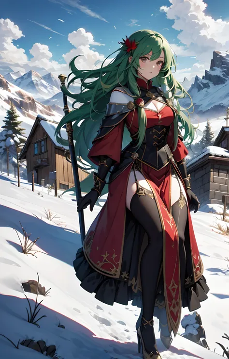 best qualityer，tmasterpiece，Ultimate resolution，downy，Extremely colorful，Colorful，Alpine background，Sky flight，Red magic robe long dress，Long flowing green hair，The Witch，a matural female，red high heel pumps，Sit on a magical broom，flight，Normal posture