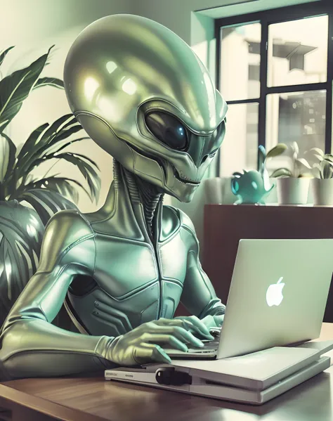 Theres a silver alien sitting at a desk with a laptop, an alien working on a computer, Grey alien, Reptilian space alien, Space alien, alien like, Gray alien, realistic alien, alien art, Portrait of a humanoid alien, tecnologia de outro mundo, alien tech, ...