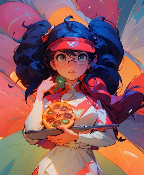 "Filtros, Dynamic and Cinematic Lighting, beleza deslumbrante."garota segurando uma pizza, decote profundo, Sfw, segundo uma caixa de pizza, eyeglass, Cap without top part, cabelo Chiquinha.