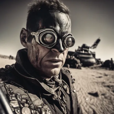 cinematic film still, ((Fisheye-shot)) close-up of a villain, Mad Max style, apocalypse, action film, detailed, film grain, grainy,