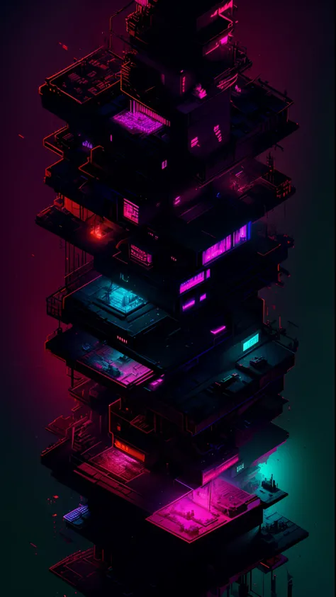 ((Best quality)), ((masterpiece)), (highly detailed:1.3), 3D,(Isometric:1.4),No Humans,StackedCityAI, Welcome to NeoCircuit, a sprawling megacity where neon-lit skyscrapers pierce the night sky and luminescent circuitry weaves through every facet of life. ...