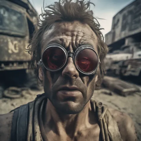 cinematic film still, ((Fisheye-shot)) close-up of a villain, Mad Max style, apocalypse, action film, detailed, film grain, grainy,