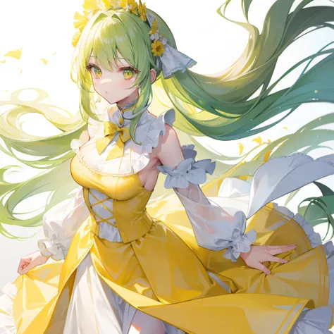 Long cream green hair，Wear a yellow and white cheese suit，Elegant and dignified girl