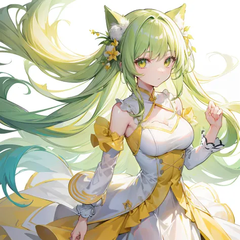 Long cream green hair，Wear a yellow and white cheese suit，Elegant and dignified girl